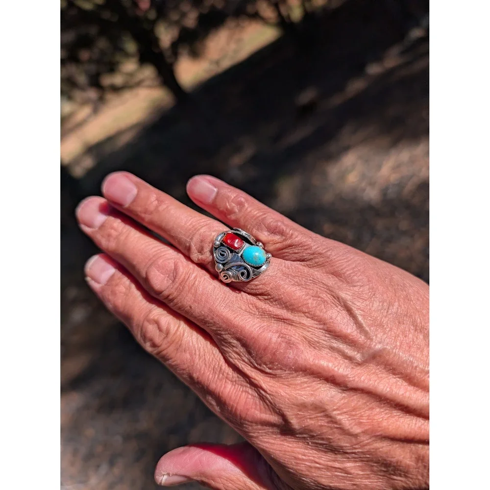 Navajo Men's Ring Sterling Turquoise Coral by Lorena Brown‎ 10.5 Southwest **